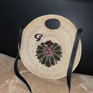 Embroidered Tan Round Bag